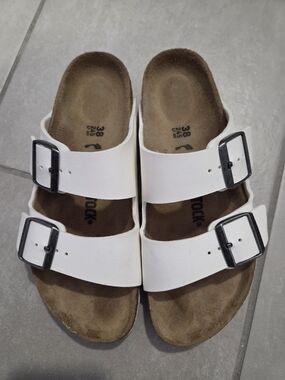 Birkenstock White Double-Strap Sandals with Black Buckles